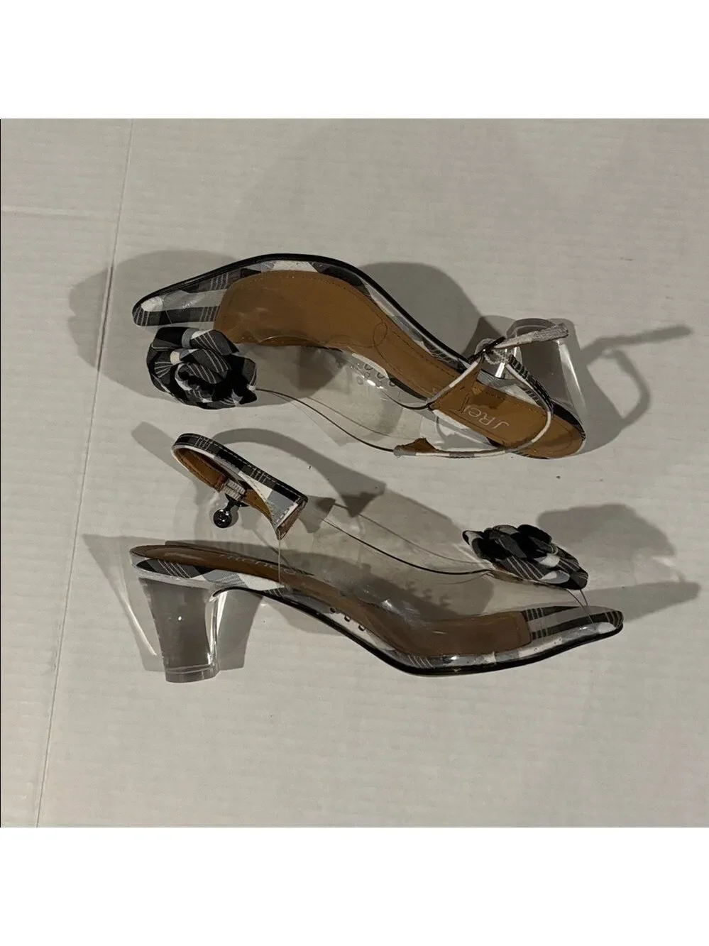 J.Renee Black & White Checkered and Lucite Dailona Heels w/ Floral Bow - Sz 7